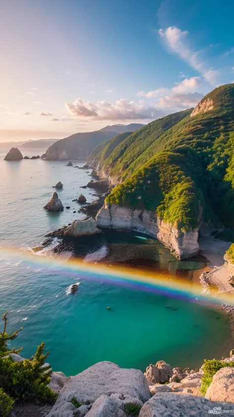 there is a rainbow in the sky over a beach with rocks and pebbles, seashore, Alpine Forest Landscape Photo，Steep mountain roads，Clear and transparent lake，wood，Bushes，Fallen leaves，Dawn Sun，Kasumi，Cliffs and mountains，Dilapidated，Lonely，cold，Foggy sky，Not ...