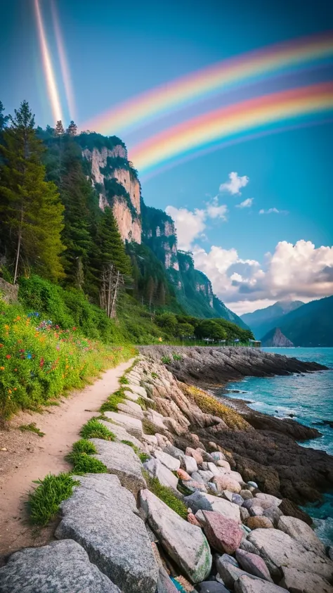 there is a rainbow in the sky over a beach with rocks and pebbles, seashore, Alpine Forest Landscape Photo，Steep mountain roads，Clear and transparent lake，wood，Bushes，Fallen leaves，Dawn Sun，Kasumi，Cliffs and mountains，Dilapidated，Lonely，cold，Foggy sky，Not ...