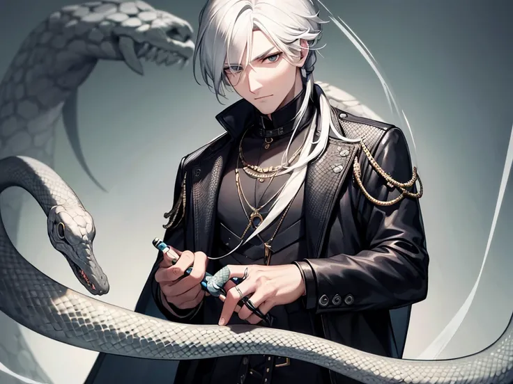 a man holding a stick with a snake wrapped around it, white hair, black eyes, snake ring on his right hand, looking forward, masterpiece, 8k, hd, black jacket, hd quality, clear