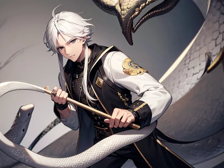 a man holding a stick with a snake wrapped around it, white hair, black eyes, snake ring on his right hand, looking forward, masterpiece, 8k, hd, black jacket, hd quality, clear