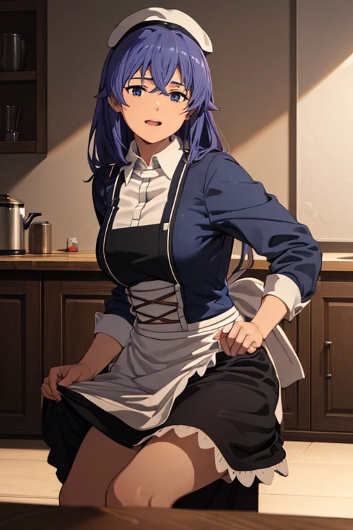 (High resolution,realist:1.2),beautiful,beautiful mother , in a kitchen, mother with apron, mother in red and sexy underwear, she lifts her skirt to show her underwear, happy face, For the blue.