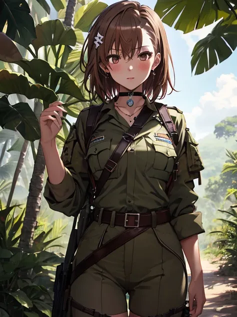 jungle, Explorer, Soldier, Jungle Adventure, Misaka Mikoto, 1girl, black choker, uhd, retina, masterpiece, ccurate, anatomically correct, textured skin, super detail, high details, high quality, best quality, highres, 4K