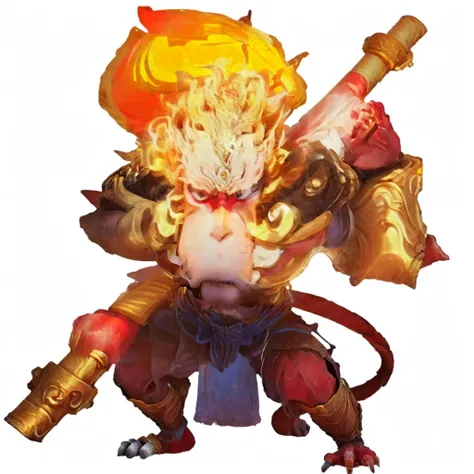 a visual 3 dimension image of a man with a sword and armor, sun wukong, wukong, monkey king, legendary god holding spear, selk ´ nam god of the sun, humanoid monkey fantasy race, ne zha from smite, asura from chinese myth, bian lian, fire lion, onmyoji, on...