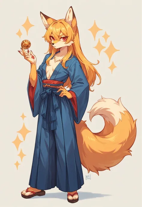 (full body,,The left hand is on the hip),((The right hand is out in front,Nine-tailed tail,,)),small breasts,Adult female fox, Furry, Golden fur, Golden facial fur, long golden hair, The hair on his hands is golden, Golden yellow hair on the back of the ha...