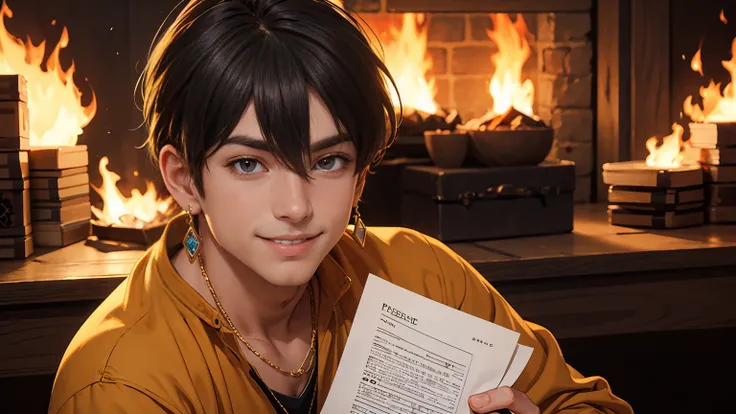 masterpiece, best quality, pandreo fe, solo, looking at viewer, smile, 1boy, hair between eyes, jewelry, upper body, male focus, earrings, fire, paper