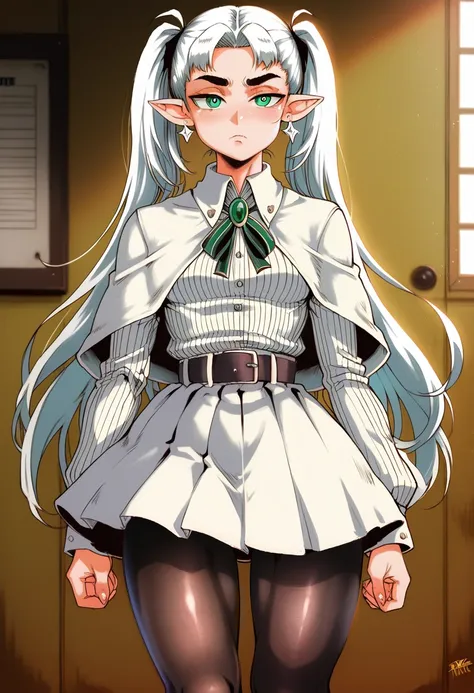 puri2,aafrie, long hair, white hair, 2twintails, pointy ears, earrings, thick eyebrows,green eyes, white capelet, striped shirt,...