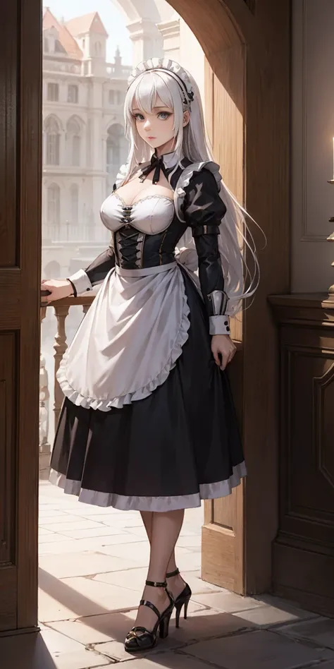 female, standing, right, long_hair, disordered_hair, white_hair, maid in armor, metallic high heels