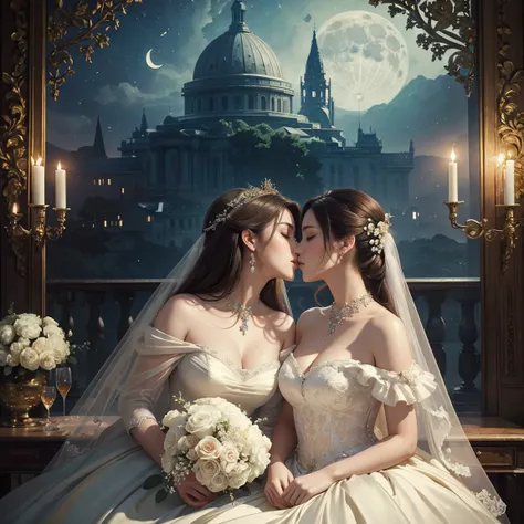 (masterpiece, highest quality, official art, beauty and aesthetic:1.5), perfect anatomy, two stunning bride is deeply in love with each other, kiss, romantic atmosphere, flower and moon, magnificent panorama view