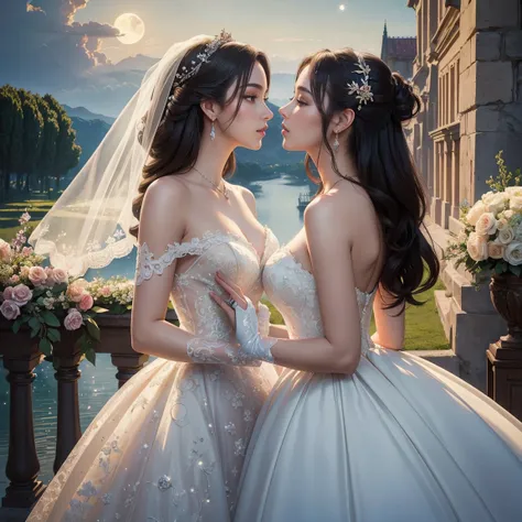 (masterpiece, highest quality, official art, beauty and aesthetic:1.5), perfect anatomy, two stunning bride is deeply in love with each other, kiss, romantic atmosphere, flower and moon, magnificent panorama view