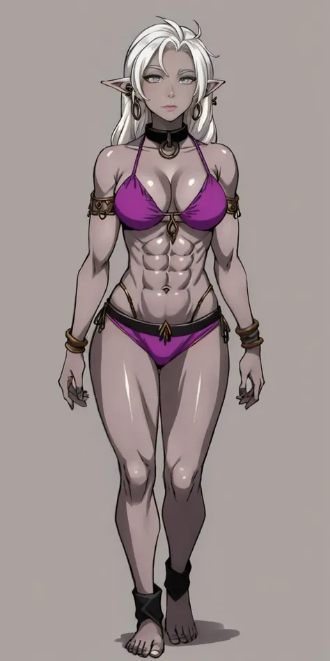 Appearance
Gender: Female
Age: Mature
Race: Drow (elf with dark skin and white hair)
Height: Full-body
Skin: Gray
Skin: Gray
Background: Plain Gray
Eyes: Purple
Attire: Bikini, revealing abdominal muscles
Accessories: Large earrings, ragged rags, chain nec...