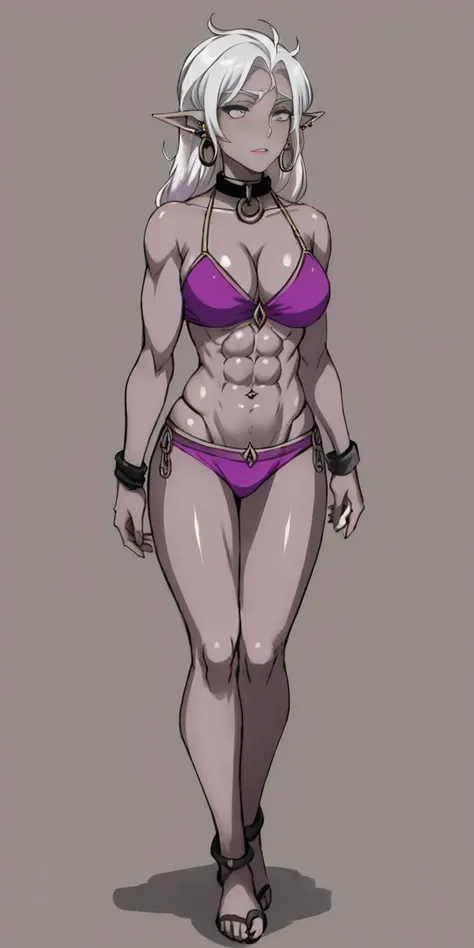 Appearance
Gender: Female
Age: Mature
Race: Drow (elf with dark skin and white hair)
Height: Full-body
Skin: Gray
Skin: Gray
Background: Plain Gray
Eyes: Purple
Attire: Bikini, revealing abdominal muscles
Accessories: Large earrings, ragged rags, chain nec...