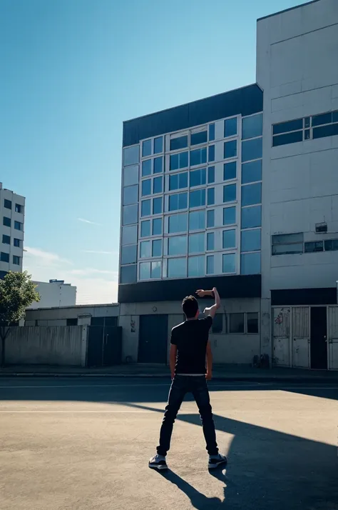 make a image a shadow w boy standing  on a long building making love sign by hands full of sky the shadow boy and building is far 