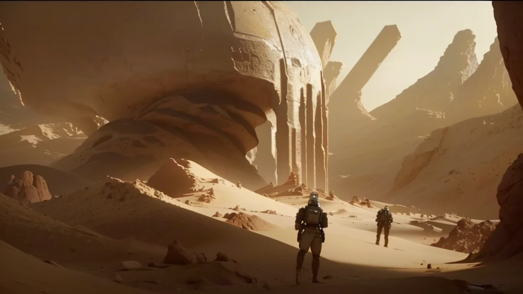 araffes in a desert with a giant object in the background, scene from dune 2 0 2 1 movie, film still from dune 2020, film still from movie dune-2021, in the 2 0 2 1 movie dune, unreal engine 5 render dramatic, in an arena in movie dune-2021, ps5 cinematic ...