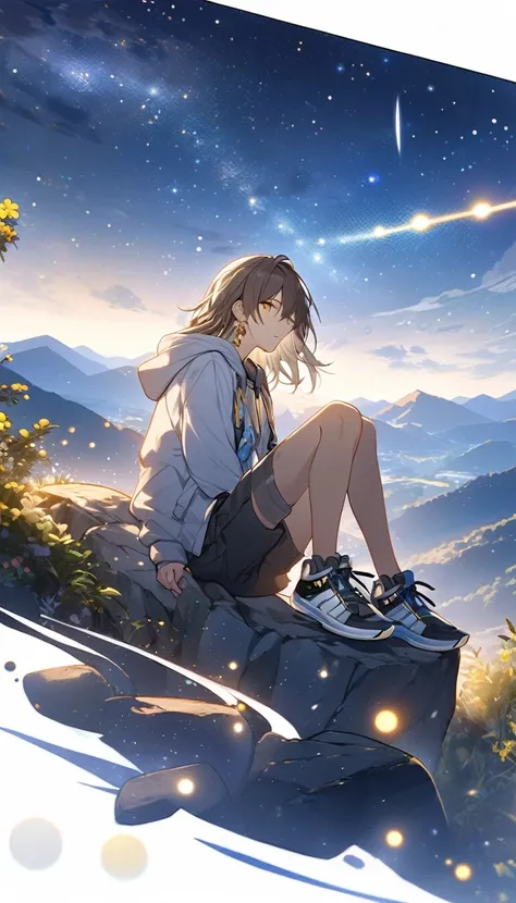 cinematic photo (masterpiece), (best quality), (ultra-detailed), stelle, honkai: star rail, official art, 1boy, solo, gouache, starry sky, mountain, long hair, hoodie, shorts, sneakers, yellow eyes, tsurime, sitting on a rock, stargazing, milky way, shooti...