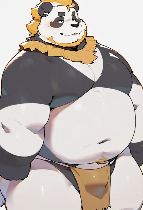 Panda,male,have hair,ruffled hair,with beard,wear loincloth,solo,anthro,fat, muscular,plump,yaoi,doujin,fullbody,white blank background,by quanjiang,