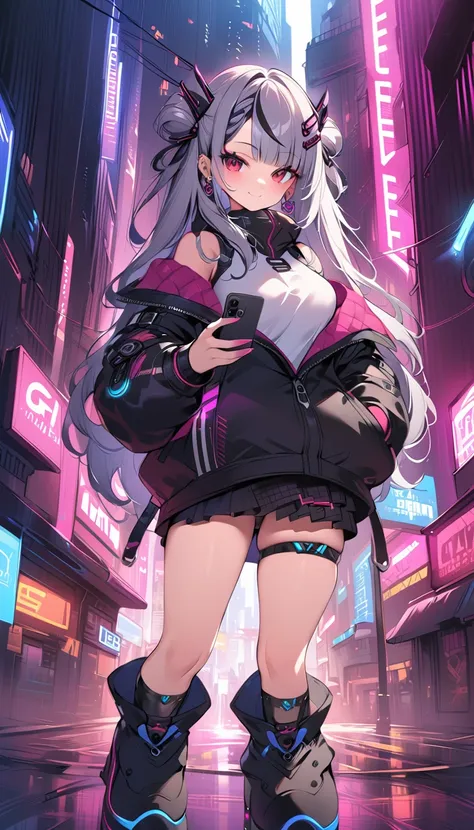 highest quality, masterpiece, ultra-high resolution,city of night,standing woman，neon town, have a smartphone,cyber punk vibe, c...