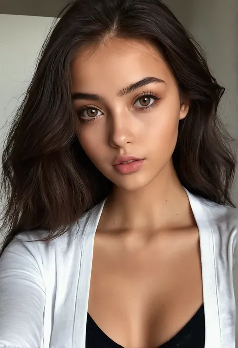 Femme latina avec des vêtements noirs, Fille sexy aux yeux marrons, Portrait Sophie Mudd, cheveux bruns et grands yeux, selfie d&#39;une jeune femme, Yeux de caméra,  , sans maquillage, Maquillage naturel, regardant directement la caméra, Cara avec Artgram...