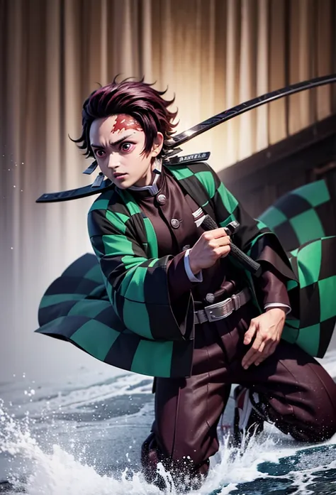 Kamado Tanjiro,(Kimetsu No Yaiba),Full Style,Ultra High Quality,Ultra High Resolution,Photograph 8K,Holding a Sword,Ultra Detailed ,Demon Hunter Suit,Hino Kami Kagura Teknik