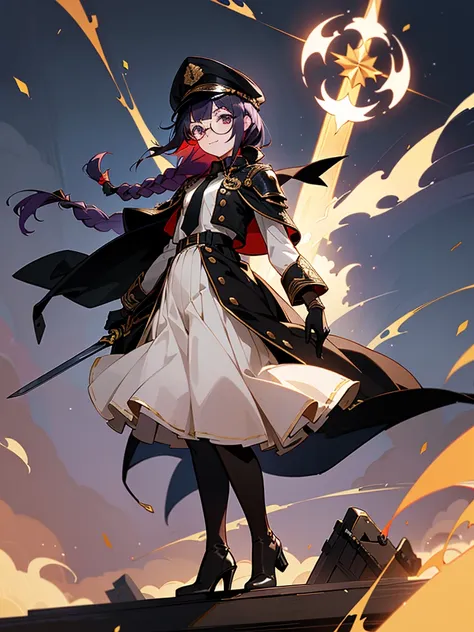 realisitic, City Deserted, Pile of rubble, Brick building, a one woman (18 years old, far away blackw hair, far away slits, Eyes red, glare eyes, 精致的面容, standing (In floor, feet shoulder-width apart), Lolita style military uniform (blackw base, Red Insert,...