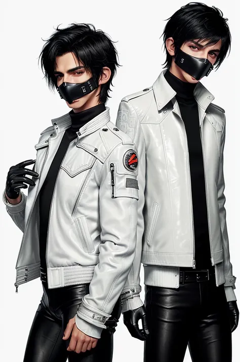 Final fantasy taste and reality graphics, Japanese young cute and cool ikemen  boy, his age is early 20s, thin eyebrows and beady eyes,  ((he wearing off white color leather  thick material jacket)), ((jacket is singlebrest)), biker style jacket, with epau...