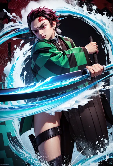 Kamado Tanjiro,(Kimetsu No Yaiba),Full Style,Ultra High Quality,Ultra High Resolution,Photograph 8K,Holding a Sword,Ultra Detailed ,Demon Hunter Suit,Hino Kami Kagura Teknik