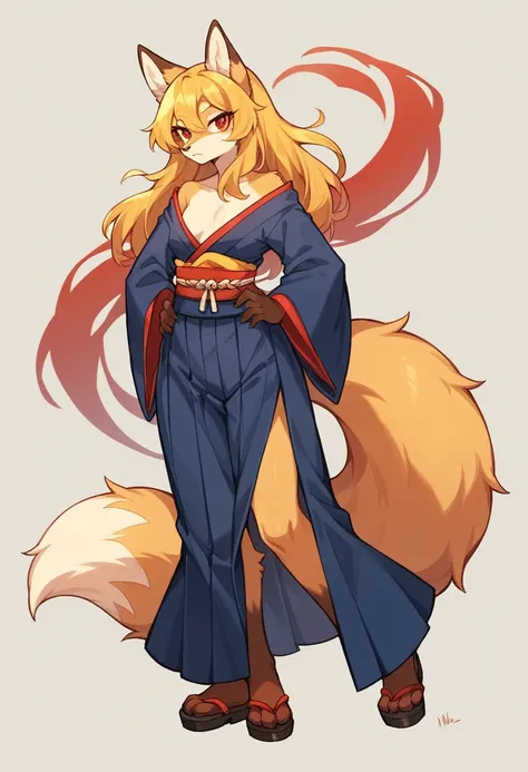 (full body,,The left hand is on the hip),((The right hand is out in front,Nine-tailed tail,,)),small breasts,Adult female fox, Furry, Golden fur, Golden facial fur, long golden hair, The hair on his hands is golden, Golden yellow hair on the back of the ha...