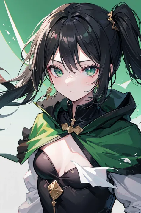 portrait, black hair, long wavy side ponytail, cool, green eyes, dark green cloak, small breasts