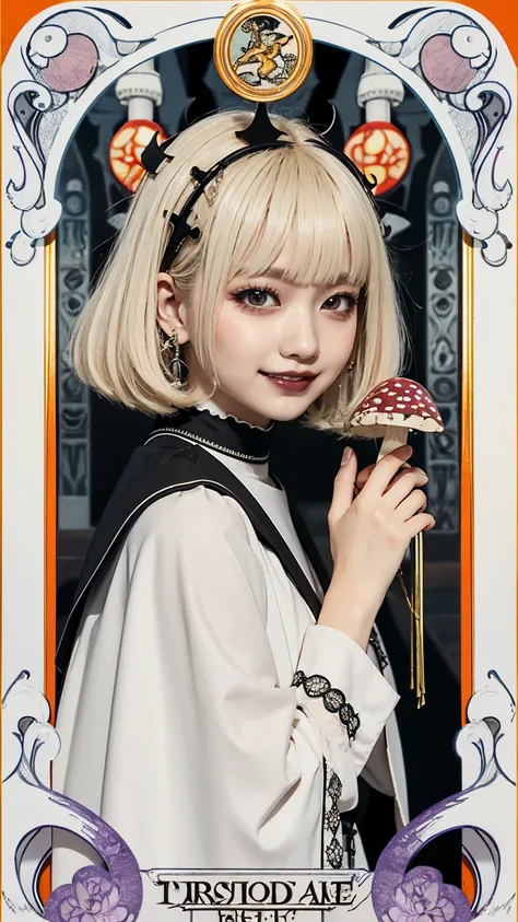 Realistic、A delicate and detailed masterpiece、Highest quality、Highest quality、(Tarot card style:1.3)、Purple Rose Background、One Woman、Upper body photo、(Guided by God、Priest、White costume:1.3)、(Gothic punk outfit:1.3)、(Blonde Hair、Mushroom cut、Short Hair:1....