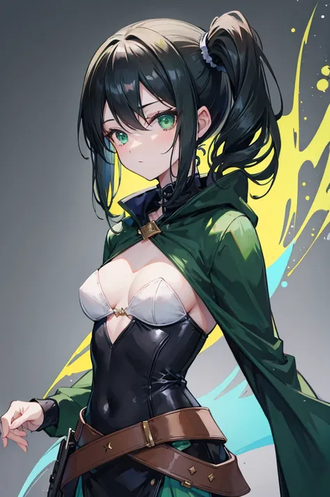 portrait, black hair, long wavy side ponytail, cool, green eyes, dark green cloak, small breasts