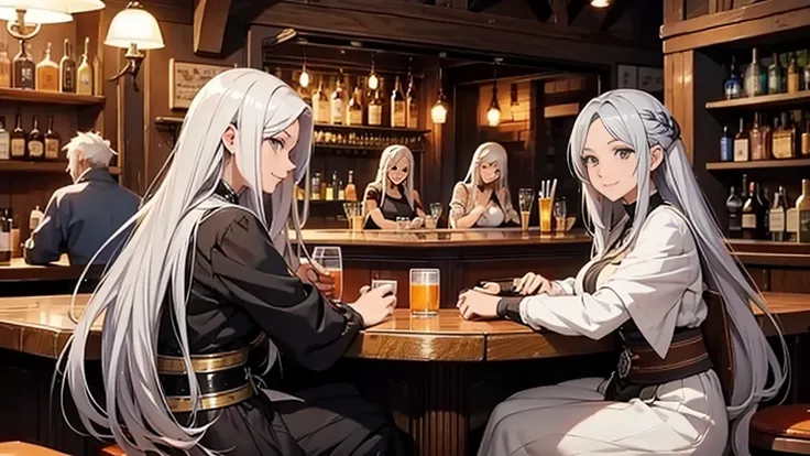 A beautiful woman sitting and having fun, a beautiful woman with long grey hair, a bar where everyone is having fun, anime, heartwarming, medieval, bard, epic,