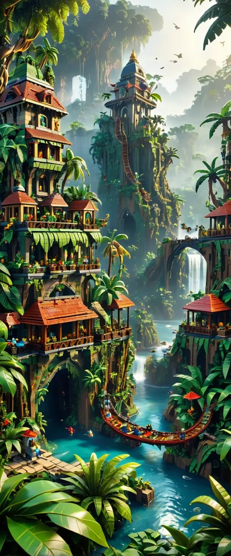 best quality, very good, 16k, ridiculous, very detailed, jungle adventure，made of lego, （（destruction of cities））（（a masterpiece...