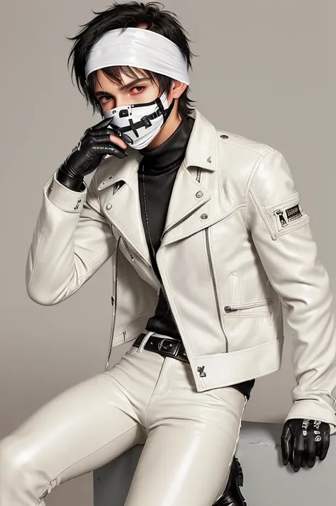 Final fantasy taste and reality graphics, Japanese young cute and cool ikemen  boy, his age is early 20s, thin eyebrows and beady eyes,  ((he wearing off white color leather  thick material jacket)), ((jacket is singlebrest)), biker style jacket, with epau...