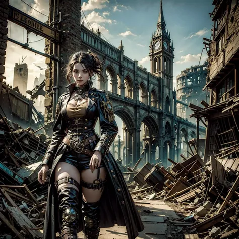 a woman in a steampunk uniform crosses a semi-destroyed gothic village, together with her there are two surreal steampunk characters, some surreal animals can be glimpsed among the rubble