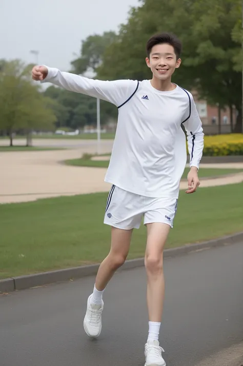 12-year-old boy,Smile，Spread your white and slender legs，jogging，full body，8K facial features are exquisite，Handsome boyish feeling，8k，masterpiece,((best quality)),photography,