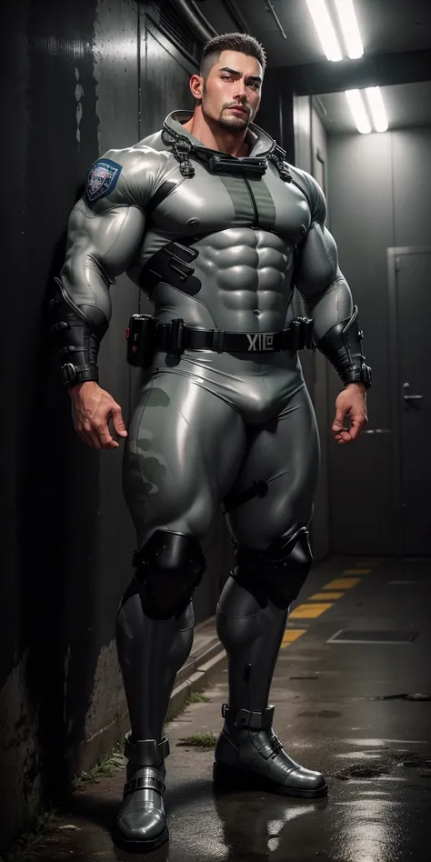 一个特别High target, huge, and muscular police officer.，Silver-grey khaki camouflage diving suit，He faces the wall，Hands on the wall，Round butt，High targetlights，Character Conception（Resident Evil - Chris Redfield，Chris Redfield）senior police officer，身穿Silver-...