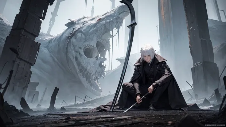 a man sitting on a pile of corpses with his scythe in a dark place, white hair, white eyes, eyes glowing white, masterpiece, 8k,  hd quality