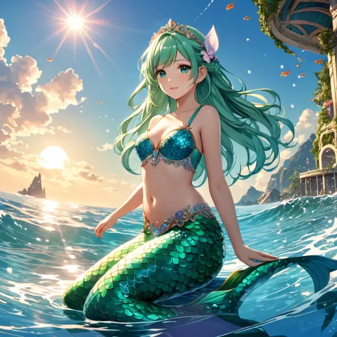 cute 6 year old mermaid with mint green hair bind in two braids in the ocean below the surface swimming with a dolphin in the sunlight, sun is shining, wears a turquois glittery mermaid bra, beautiful mermaid, beautiful detailed human face,  alluring eyes,...