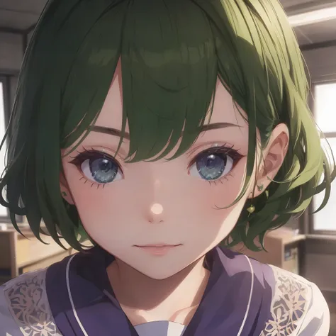 8k, PhotoRealistic, Super detailed, Very detailed, Close-up photo of a girl, short hair, Curly hair、Green Hair, Purple Eyes、Serious look、Slanted Eyes、Beautiful eyelashes、Wear a sailor uniform, classroom, , Realistic, photoRealistic, (Intricate details:1.2)...