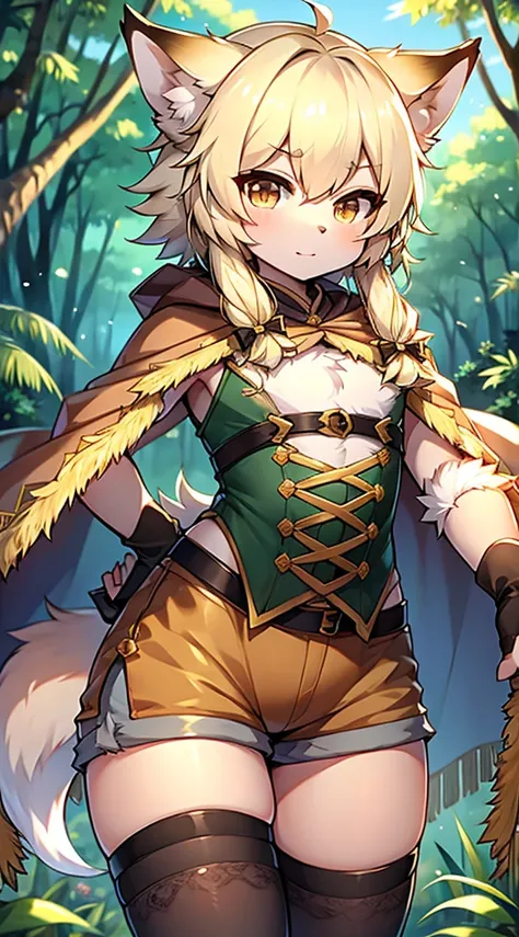 Wolf Boy，Wolf-eared boy，bow箭手少年，Hunter Junior，furry，furry，hairy，Blonde hair all over，Golden fur，Golden fur，绿色bow箭手服装，hunter costume，hunter costume，furry，白色丝绸Knee socks，Knee socks，蕾丝花边Knee socks，Lace style decoration，shorts，蕾丝花边shorts，运动shorts，皮革shorts，白色花边...