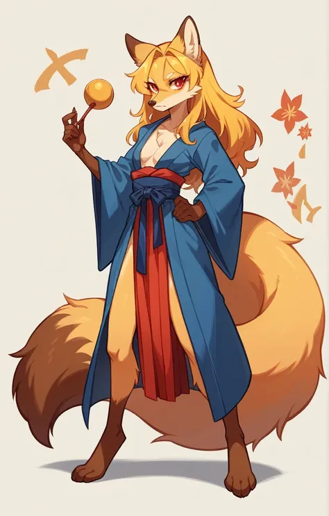 (full body,,The left hand is on the hip),((The right hand is out in front,Nine-tailed tail,,)),small breasts,Adult female fox, Furry, Golden fur, Golden facial fur, long golden hair, The hair on his hands is golden, Golden yellow hair on the back of the ha...