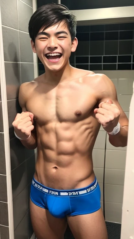 masterpiece、Japanese men、15 years old、Muscles and smooth skin、Very short black hair、A relaxed and friendly smile、Vivid colored thin boxer briefs、The whole body is well visible、Fist pump in the bathroom、Laughing with mouth open