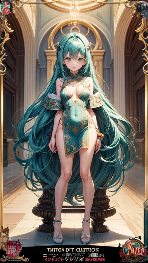 work of art, Poster,breasts big,long  hair,two twin females,tatoo,a small stool between the legs, legs open at 45 degrees,defined body, aqua green cor dress...