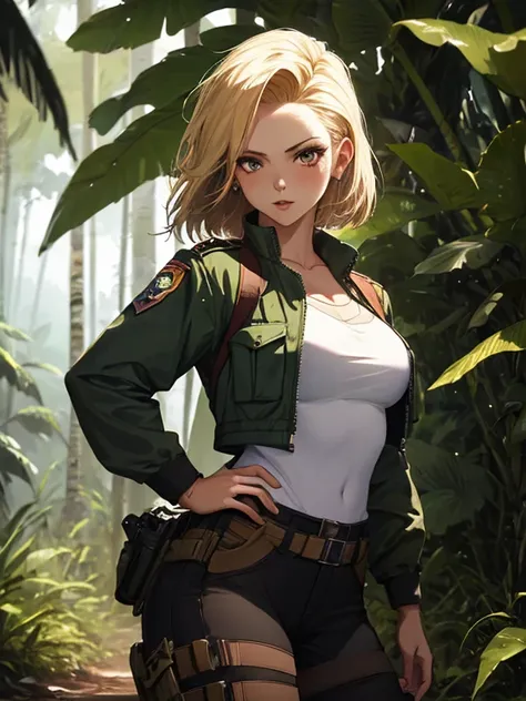 jungle, Amazon, explore, expedition, Soldier, android１８Number, (masterpiece), highest quality, 1girl, uhd, retina, masterpiece, ccurate, anatomically correct, textured skin, super detail, high details, high quality, best quality, highres, 4K