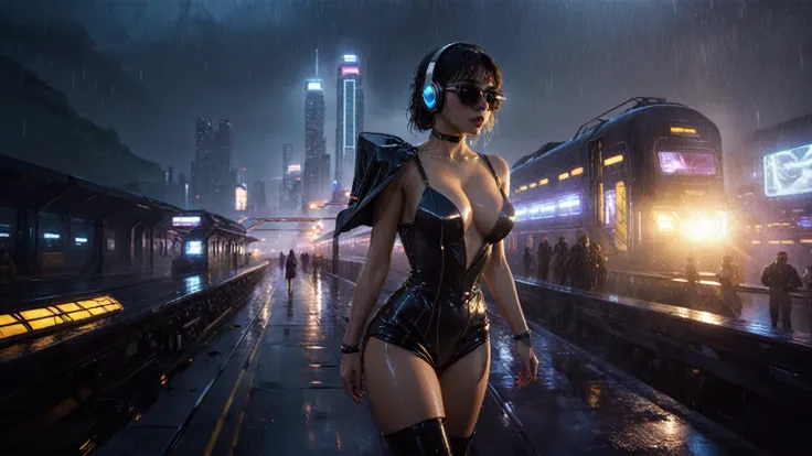 (((aerial view))), Blade Runner style futuristic railway platform, hi-tech train, neon lights, rainy night. (1girl, solo, alone), large-breast:1.2 slim body, cleavage:1.1, sexy wind blowing wet dress:1.4, headphone, (micro:0.8 black sunglasses), (((she rai...