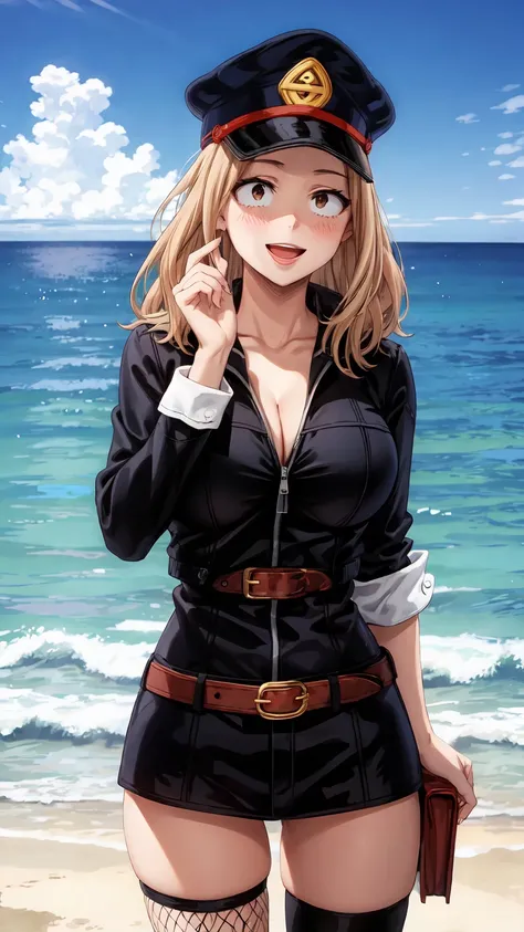 Masterpiece ,best quality , high resolution , (face view , look at view ) , (1 girl solo:1.38) , (camie, long hair, brown hair, brown eyes, peaked cap , lipstick , eyeliner)) , (slim , tall , slender , thin) , (cleavage:1.05) , (big breast:1.06) , (wear bi...