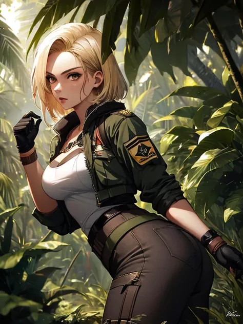 jungle, Amazon, explore, expedition, Soldier, android１８Number, (masterpiece), highest quality, 1girl, uhd, retina, masterpiece, ccurate, anatomically correct, textured skin, super detail, high details, high quality, best quality, highres, 4K