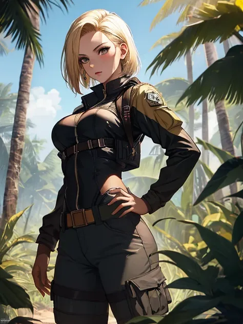 jungle, Amazon, explore, expedition, Soldier, android１８Number, (masterpiece), highest quality, 1girl, uhd, retina, masterpiece, ccurate, anatomically correct, textured skin, super detail, high details, high quality, best quality, highres, 4K