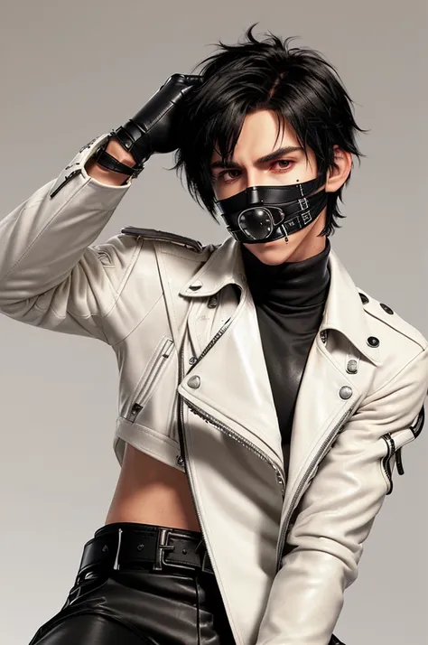 Final fantasy taste and reality graphics, Japanese young cute and cool ikemen  boy, his age is early 20s, thin eyebrows and beady eyes,  ((he wearing off white color leather  thick material jacket)), ((jacket is singlebrest)), biker style jacket, with epau...