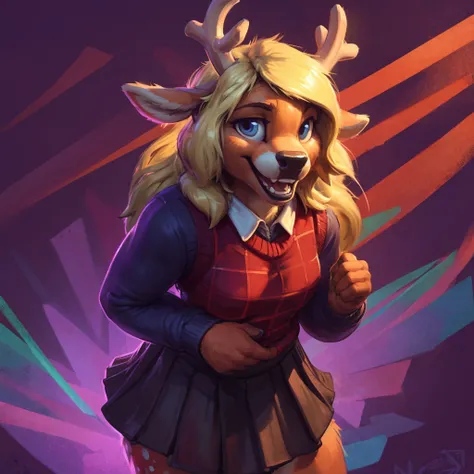 noelle, furry female anthro, deer girl, big teeth, tooth gap, standing, portrait, skirt, checkered sweater, solo, (body fur:1.2), (best quality), (abstract background:1.2), small breasts, dramatic lighting, (detailed fluffy fur:1.1), looking at viewer, smi...