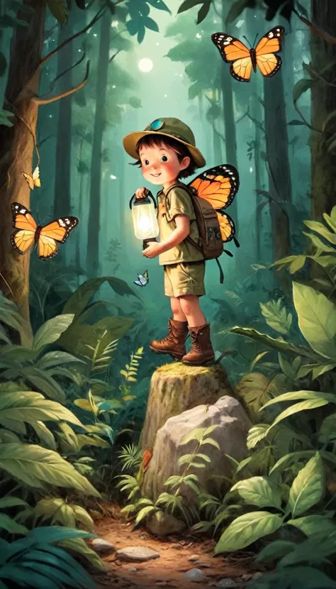 Little Jungle Explorer，adventurer，forest，Butterfly，Portable lamp